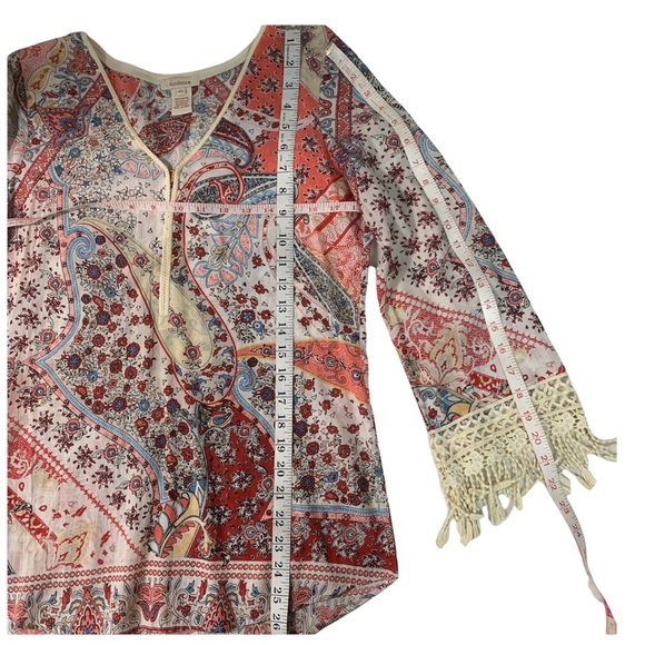 SUNDANCE Terrazzo Top XS Peasant Paisley Lace Fringe Trim Long Sleeves B… - Picture 6 of 13